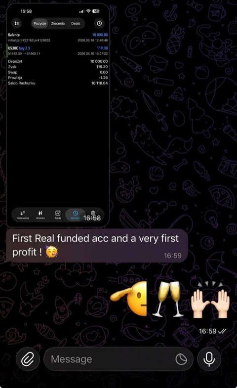 Telegram screenshot: first profit on a newly funded account, +$119 on US30