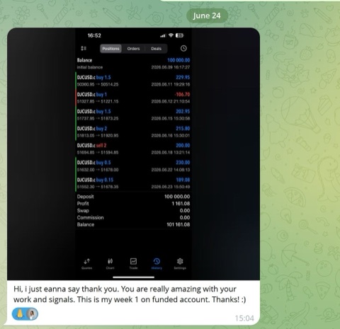 Telegram screenshot: week one on a $100,000 funded account, +$1,161 total