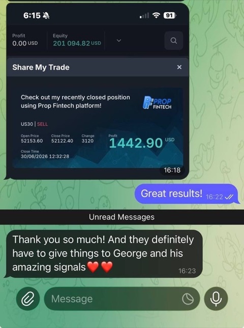 Telegram screenshot: a $1,442.90 profit on US30, card generated by the platform