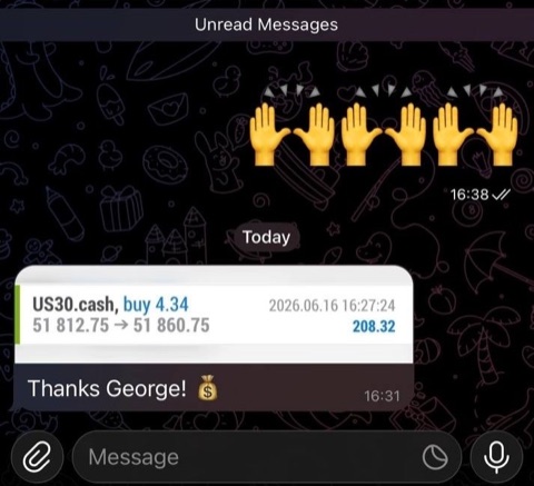 Telegram screenshot: a +$208.32 trade on US30