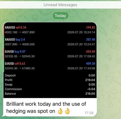 Telegram screenshot: four positions closed at +$219 total