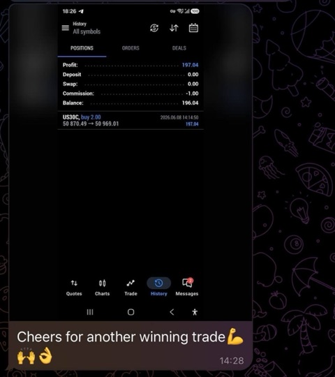 Telegram screenshot: a +$197 trade on US30 from the platform history